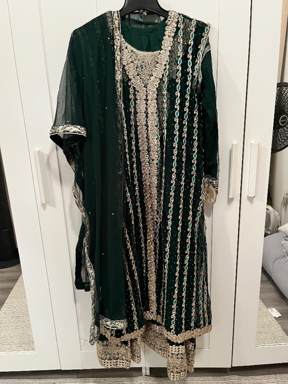 green gold 5-piece desi dress, pakistani indian dress